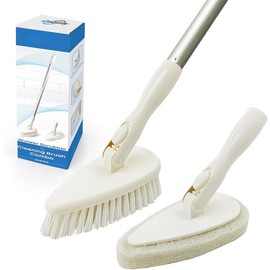 Shower Scrubber Cleaning Brush Combo Bath Tub Tile Cleaner Scrubber Brush with 51'' Adjustable Long Handle Scrub Brush for Bathroom Shower Bathtub Wall Mop Cleaning Scrubbing - Colour: White
