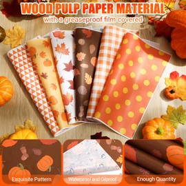 Ireer 300 Pcs Thanksgiving Wax Paper Sheets for Food Autumn Deli Paper 12x12 Inch Fall Wax Sheet Autumn Wrapping Deli Pumpkin Pinecone Maple Leaf Basket Liners Greaseproof Wrapping Sheets