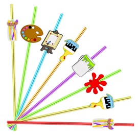 24PCS Art Painting Drinking Straws Reusable for Kids Art Theme Birthday Party Favors Supplies Decorations with 2 PCS Cleaning Brushes (Art Painting)