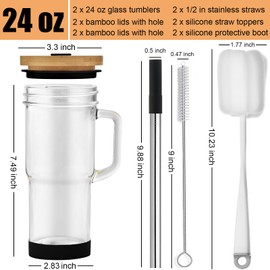 ALINK Glass Cups with Lids and Straws, 24 oz Mason Jar Drinking Glasses Tumbler with Handle, Silicone Boot, Tips, Brush, Reusable Iced Coffee Cups, Boba Tea Smoothie Cups - 2 Black