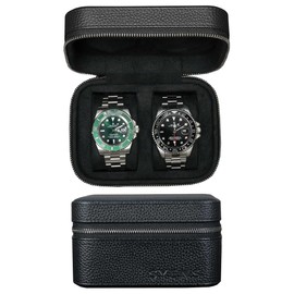 Watch Travel Box Genuine Leather, 2 Watch Storage Organiser, Watch Roll Case for Men and Women, Watch Packaging Box, with Suede for Protection Zip, Fits All Watches up to 60 mm (2W-Z-BBL)