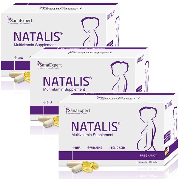 SanaExpert Natalis Vitamins for Pregnancy with 700 mcg DHA Omega-3 Folic Acid Iron, 90 Capsules, 3 Month Pack