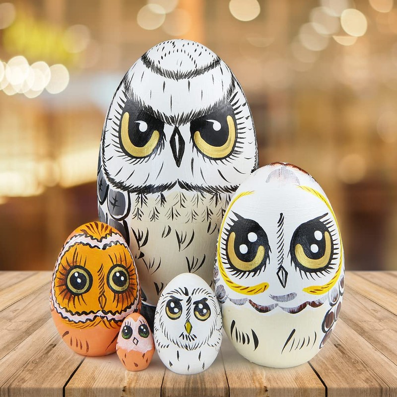 5 Pcs Wooden Owl Dolls Handmade Matryoshka Doll Egg Stackable