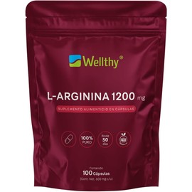 Wellthy L-Arginina 1200mg 100 Caps. 100% Pura y Natural, 50 Porciones por Envase, Alta Pureza con Certificaciones Internacionales, Bottle Free