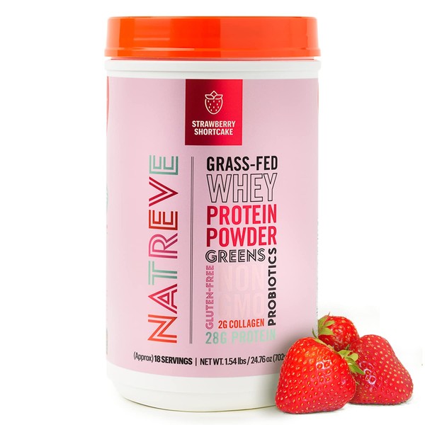 Natreve Whey Protein Powder - 28g Grass-Fed Whey Protein with Amino Acids, Probiotics & Collagen - Gluten Free Strawberry Shortcake, 18 Servings