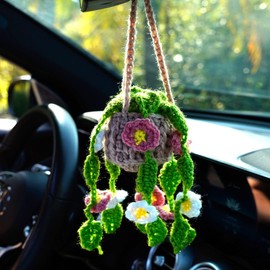 Crochet Hanging Plant for Rear View Mirror Accessories Hanging Decor Boho Car Accessories Interior Aesthetic Cute Car Decor for Women