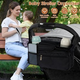 Baby Pushchair Organiser,Baby Pram Bag Stroller,2 Insulated Cup Holder, Large Capacity, Detachable Zippered Pocket, Adjustable Shoulder Strap & Non-Slip Hooks - Fits Any Pram Handlebar (Black)
