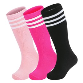 Century Star Soccer Socks Kids Toddler Knee High Socks Football Socks Boys Girls Child Tube Stockings Three Stripes BlackPeachPink 6-9 Years