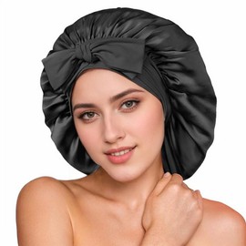 RPAEOY 100% Seidenhaube Zum Schlafen Große Doppelseidige Weiche Nachtmütze Haare Schützen Rutschfeste Verstellbares Breites Band zur Befestigung am Kopf für Lange Lockige Haare(Schwarz)