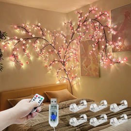 FNHMSL Cherry Enchanted Willow Vine Lights, Cherry Blossom LED Tree Branch Lights for Wall, 7.5FT 144 LED, Remote Timer, 8 Light Model, for Bedroom Wall Doors Windows Wedding Christmas Holiday Decor