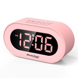 REACHER Pink Girls Alarm Clock for Kids Bedroom, Dimmable LED Digital Display, Outlet Powered, Adjustable Volume, Simple to Use, Snooze, Small Size for Bedside, Desk, Toddler
