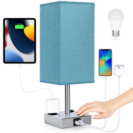 Bedside Lamp with USB Ports - Touch Control Table Lamp for Bedroom with USB C+A Charging Ports & AC Outlets, 3 Way Dimmable Nightstand Light with Flaxen Shade for Living Room (LED Bulb Included, Blue)