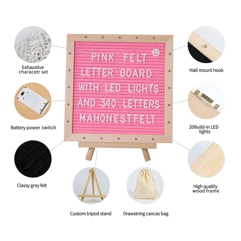 Pink Felt Letter Board with Stand, Built-in LED Lights With