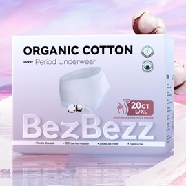 BezBezz Organic Cotton Disposable Period Underwear for Women, Postpartum Diapers, Incontinence Pads for Sensitive Skin, Unscented, 360° Leakproof Panties Heavy Flow Overnight, Size L/XL, 20 Count