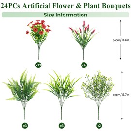 Alupssuc 24 Bundles Artificial Flowers for Outdoors Spring Summer Decoration, UV Resistant Eucalyptus Violet and Lavender Silk Fake Plants for Outside Indoor Yard Home Patio Porch Decor, Red