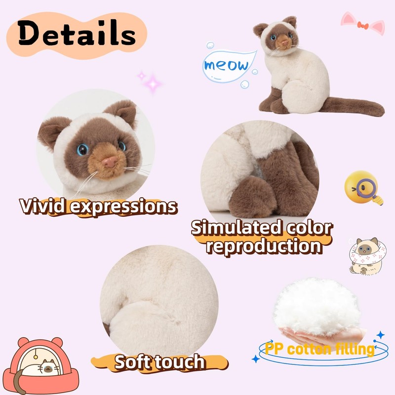 unsnurnoch 10" Realistic Siamese Cat Plush Toy, Soft Stuffed Siamese