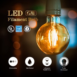 Euri Lighting VG25-3020ea, Dimmable LED G25 Globe Filament, 7W (75W Equal), Warm White (2200K), 600lm, 80CRI, 320° Beam, Amber, E26, 120V, Wet Rated UL Energy Star, 3YR, 15K HR WTY, Once Count