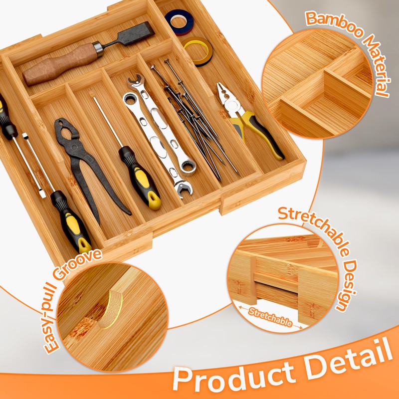 BAMEOS Bamboo Expandable Drawer Organizer, 5-7 Slots Kitchen Drawer Organizer,