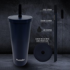 Stainless Steel Bumbler - 24 oz Large Reusable Eco-Friendly Tumbler with Wide Duo Material Metal Straw - Perfect for Boba/Bubble Tea & Smoothies - Black