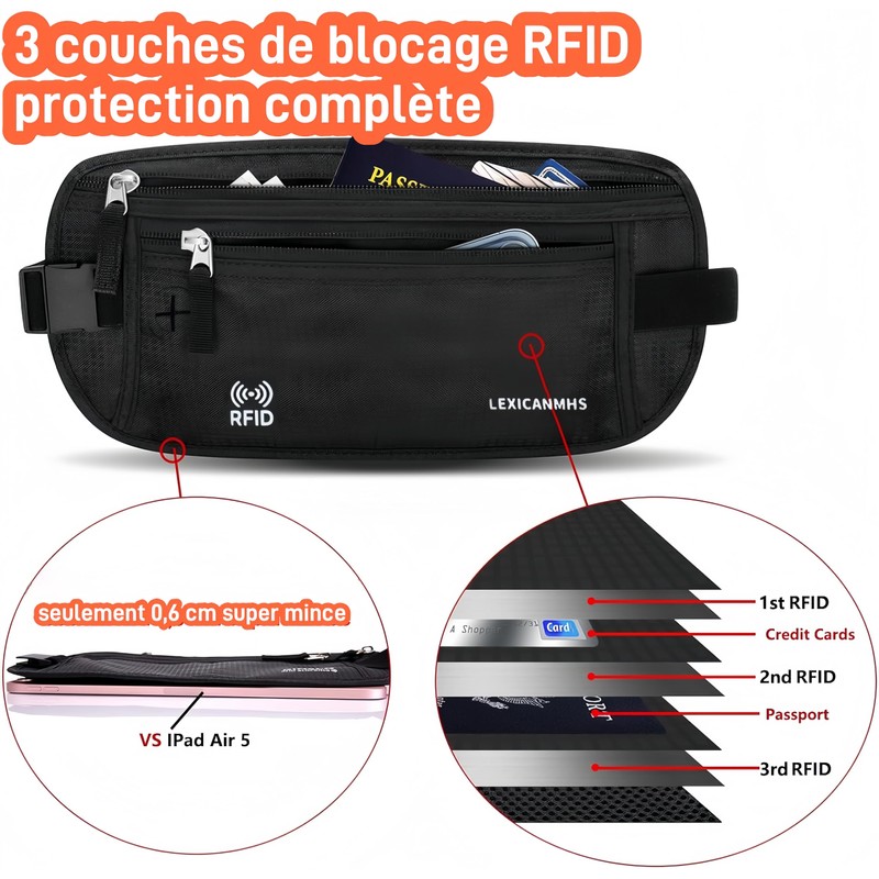 LEXICANMHS Anti-Theft Flat Bum Bag, black, money belt
