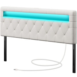 GREENSTELL Headboard for Full Size Bed with 60,000 DIY Color of LED Light, USB & Type C Post, Attach Frame, Height Adjustable, White Leather Wall Mounted Head Boards Only, Sturdy & Stable, Full