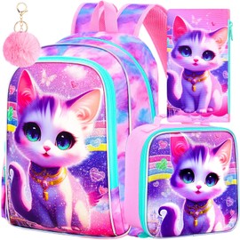 TXHVO 3Pcs Cat Backpack for School, 16" Girls Bookbag with Lunch Box, Kids Backpacks Set for Elementary Preschool Kindergarten(Pink)