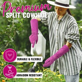 HANDLANDY Ladies Leather Gardening Gloves, Thorn Proof Women Rose Pruning Garden Yard Glove, Heavy Duty Long Sleeve Gloves (Small, Rosy)