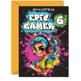 6th Birthday Card Girls - Epic Gamer Girl - Happy Birthday Card for 6 Year Old Girl Kids, A5 Six Sixth Bday Video Game Gaming Greeting Cards