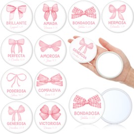 Vicenpal 40 Pcs Inspirational Spanish Bible Verse Scripture Portable Round Pocket Mini Mirrors Pink Bow Coquette Mini Pocket Mirrors Bulk Christian Gifts for Women Church Religious Party Favors