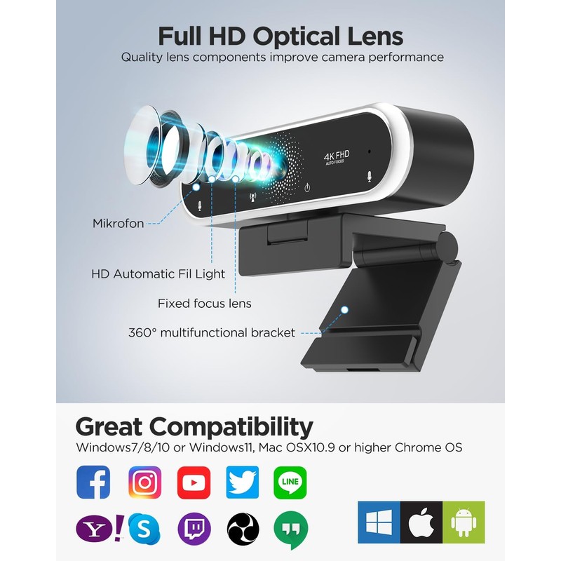 NIVEOLI Webcam 4K with Microphone and Webcam Cover Plug and