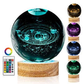 3D Solar System Crystal Ball Night Light with 16 Color Wooden LED Base Upgraded 3.15 In Galaxy Planets Ball Lamp with Remote for Birthday Christmas, Astronomy Space Gifts for Boys Girls Kids