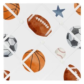 Sweet Jojo Designs Sports Theme Boy Fabric Bulletin Board Picture Memo Photo Nursery Wall Bedroom Home Office Room Decor 13x13 Watercolor Vintage Soccer Balls Football Baseball Basketball Blue Stars