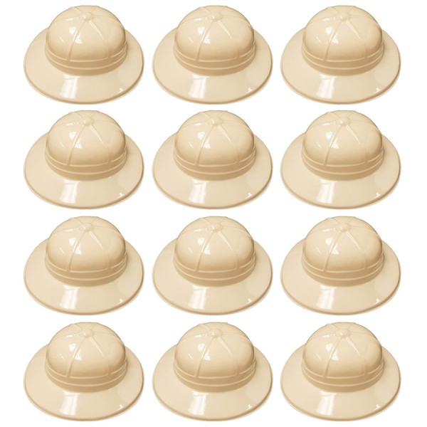 12 Pack Safari Party Hats Plastic Jungle Theme Animals Explorer Pith Halloween Costume Toy for Kids Beige