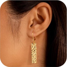 925 Sterling Silver Dangle Earrings for Women 14K Gold Plated French Leverback Earrings Hypoallergenic Lightweight Statement Hammer Square Bar Long Drop Earing for Women Trendy Jewelry (Gold)