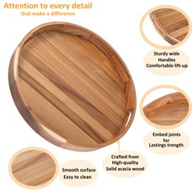 Wooden Serving Tray with Handles 22 Inch Extra Large Round Ottoman Tray with 4PCS Solid Wood Coasters Acacia Giant Wood Trays for Ottoman Decorative Tray for Living Room Coffee Table Tray for Food