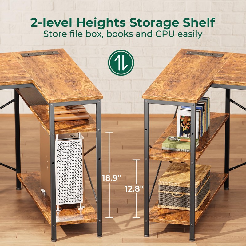 Huuger L Shaped Desk with Power Outlets, 63 Inch Reversible