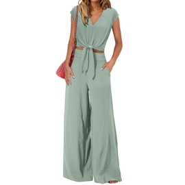 PRETTYGARDEN Women's Summer 2 Piece Outfits 2024 Cap Sleeve V Neck Belted Crop Tops Wide Leg Pant Sets Casual Tracksuit, Solid Light Green, XX-Large