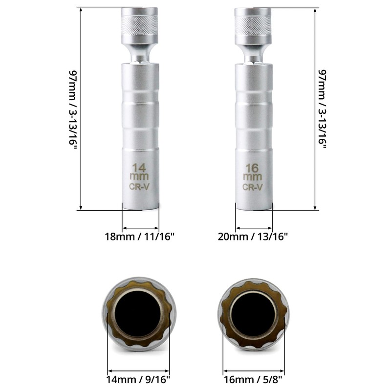 QWORK 14mm&16mm Magnetic Swivel Spark Plug Socket, Thin Wall Magnetic