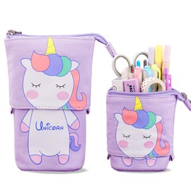 TOYESS Stand Pencil Holder,Telescopic Cartoon Cute Cat Pencil Case Cosmetic Durable Canvas Stationery Makeup Bag for Boys Girls Students and Office Supplies, Unicorn Purple