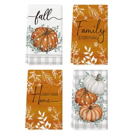 Artoid Mode Orange Buffalo Plaid Polka Dot Pumpkin Fall Kitchen Towels Dish Towels, 18x26 Inch Autumn Leaves Decoration Hand Towels Set of 4