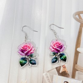 Acrylic Pink Rose Flower Dangle Earrings for Women Retro Boho Lightweight Plant Floral Petal Blossom Green Leaves Hook Drop Earring Statement Vintage Summer Holiday Bohemian Jewelry