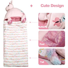 SHALALA NEW YORK Toddler Nap Mat with Pillow & Blanket for Girls, Sleeping Bag Nap Mat, Pink Horse Soft Plush Slumber Bag for Girls 64" x 26"