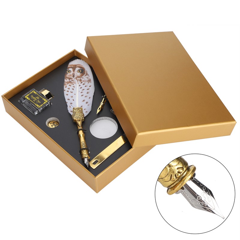 Dip Calligraphy Pen Set Owl Feather Pen Lacquer Stamp Vintage