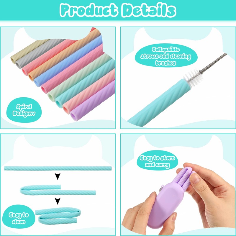 20 Sets Silicone Straws with Case Reusable Straws Foldable Travel