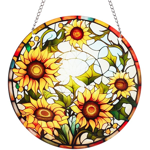 CREATCABIN Sunflower Stained Suncatcher Windows Hanging Flower Ornament Round Panel