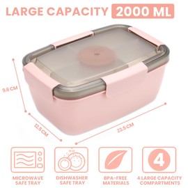 Bugucat Bento Box 1500ML, Lunch Box with 3-Compartment Tray, Salad Bowl with Dressing Container, Meal Prep Container with Built-in Spoon,Dark pink sticker