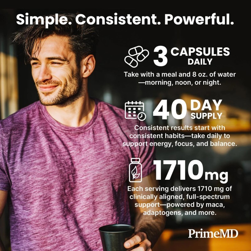 PrimeMD 6-in-1 Organic Maca Root Ashwagandha Capsules 1710mg, DHEA, 120