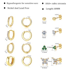 PATISORNA 14k Gold Plated Huggie Hoop Earrings for Women Hoop and Studs Earrings Set Hypoallergenic Tiny CZ Ball Butterfly Earrings Cartilage Earring for Multiple Piercing