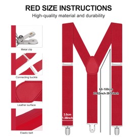 soodyoow Men's Braces, 3.5 cm Y-Type Braces, Strong Braces, Red with Very Strong 3 Metal Clips, Adjustable and Elastic Braces for Men and Women (Red), red