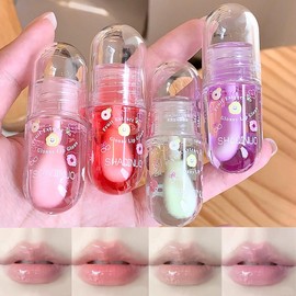 Non-sticky tinted lip gloss oil set, moisturising lip gloss, 4 pieces plumping lip oil, fruity long nourishing shiny lip oils